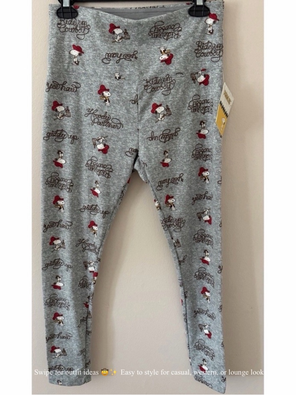 Snoopy Cowgirl Leggings Women’s L Gray Western Print Cute Lounge Athleisure